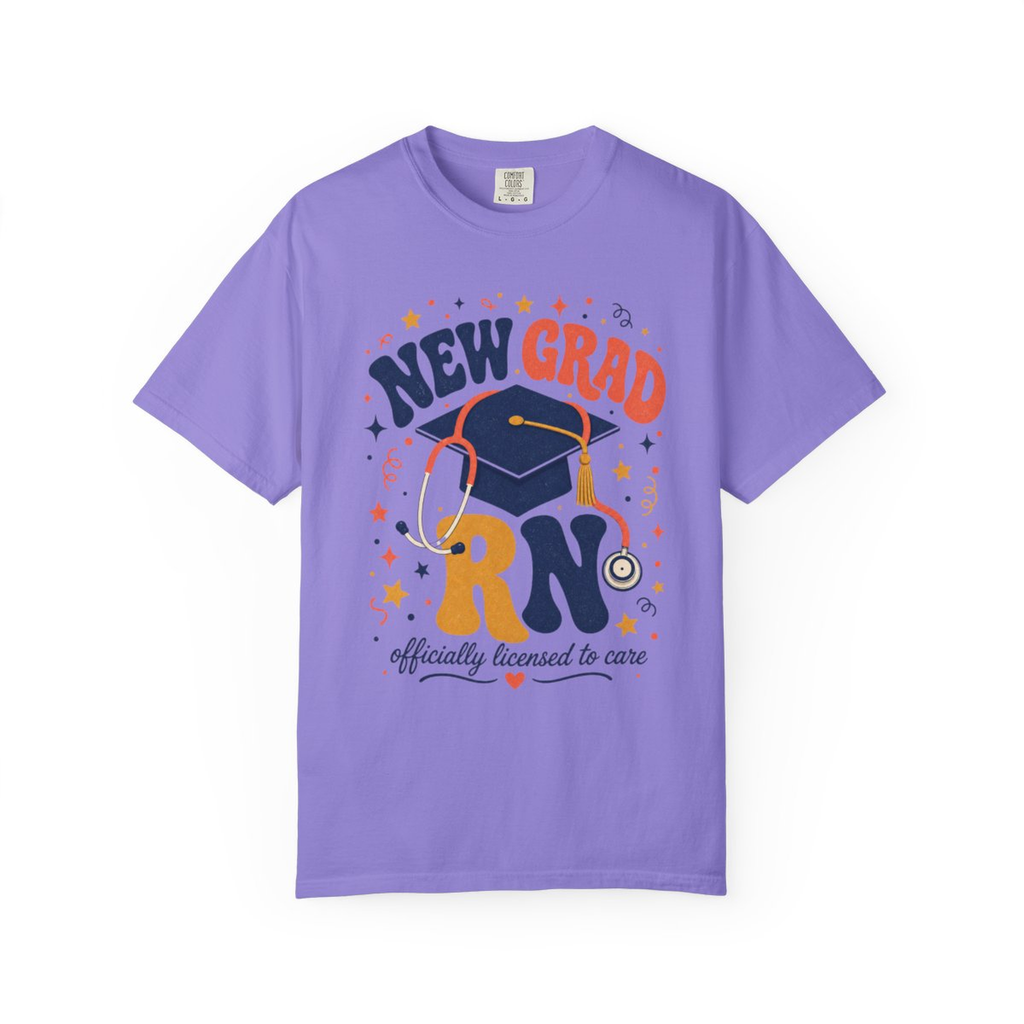 Violet New Grad RN Comfort Colors tee, accurate front mockup on white