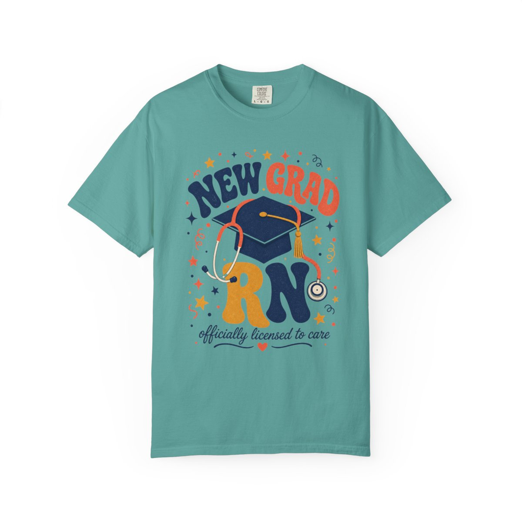 Seafoam New Grad RN Comfort Colors tee, accurate front mockup on white