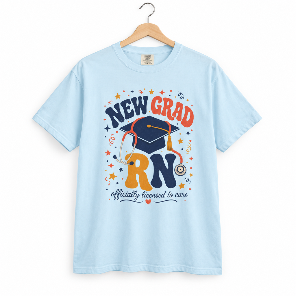 Chambray New Grad RN Comfort Colors tee on a hanger against white