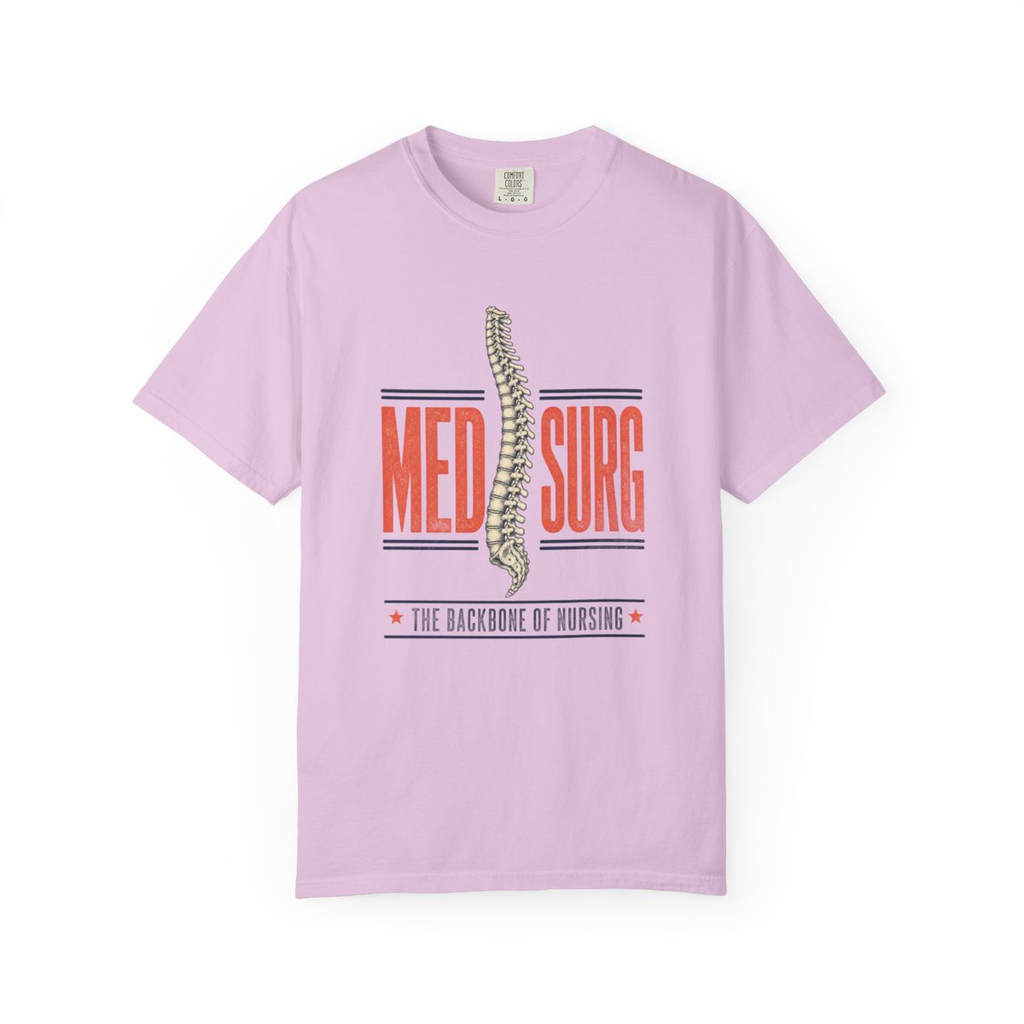 Orchid Med Surg Backbone of Nursing tee, accurate front mockup on white