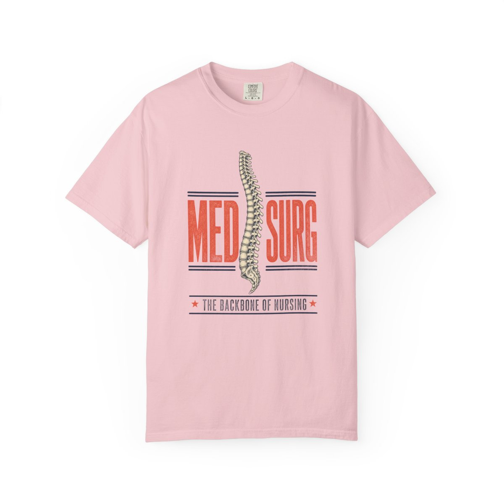 Blossom Med Surg Backbone of Nursing tee, accurate front mockup on white