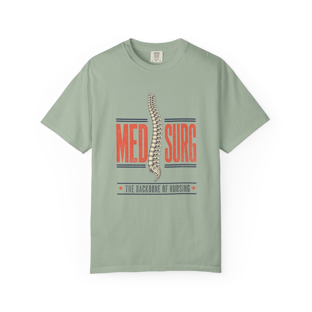 Bay Med Surg Backbone of Nursing tee, accurate front mockup on white