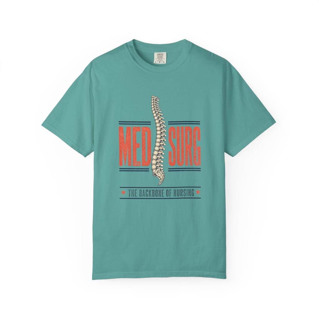 Seafoam Med Surg Backbone of Nursing tee, accurate front mockup on white
