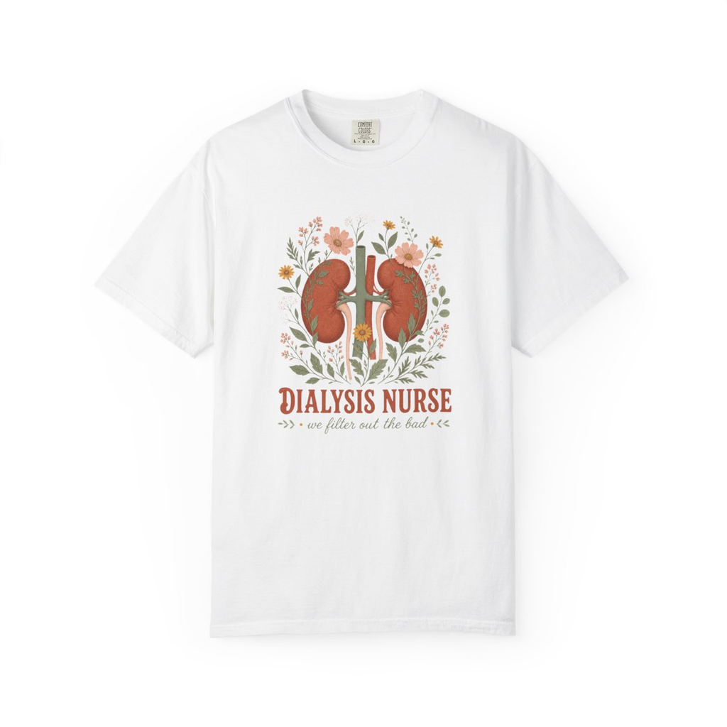 White Dialysis Nurse floral kidney tee, accurate front mockup on white