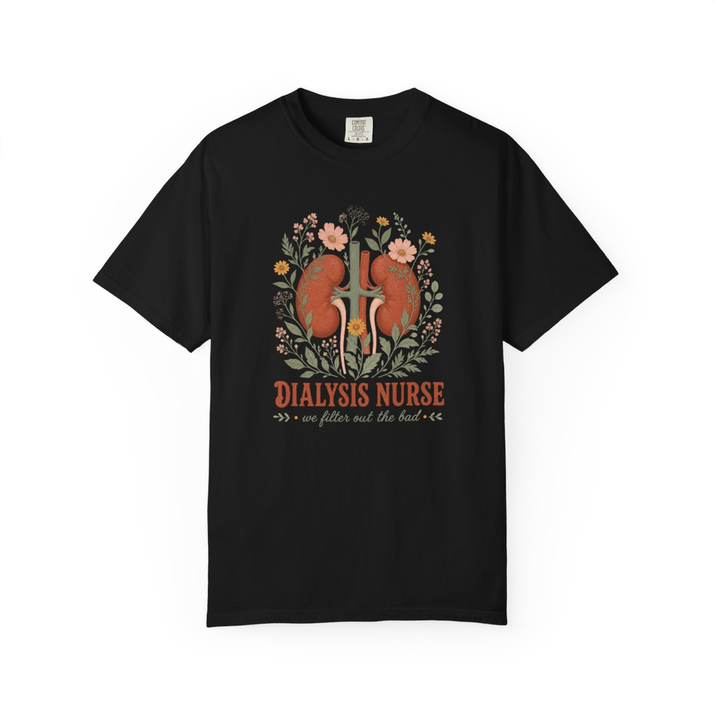 Black Dialysis Nurse floral kidney tee, accurate front mockup on white