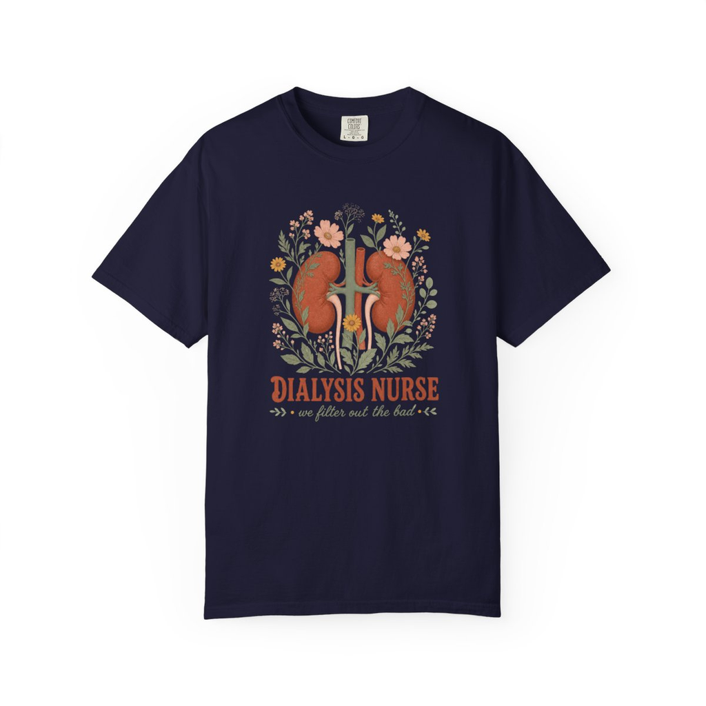 True Navy Dialysis Nurse floral kidney tee, accurate front mockup on white