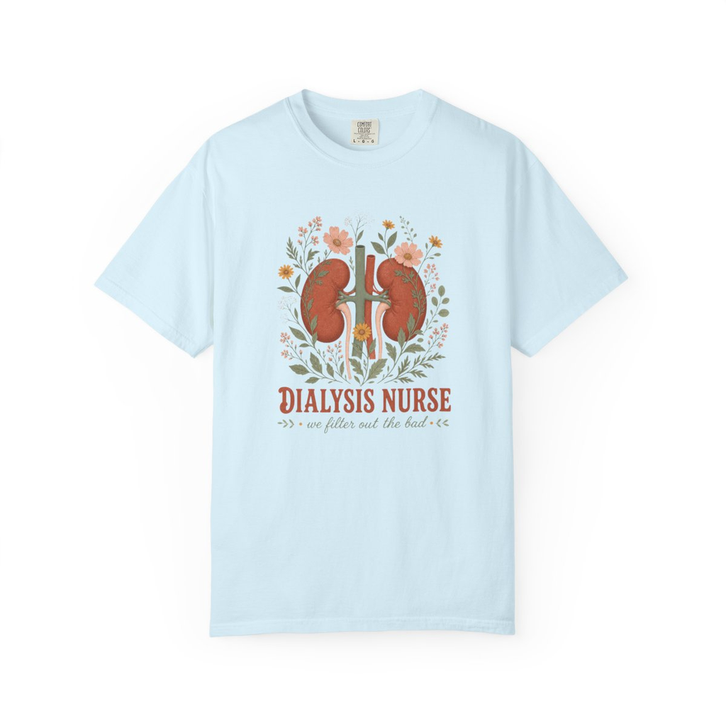 Chambray Dialysis Nurse floral kidney tee, accurate front mockup on white