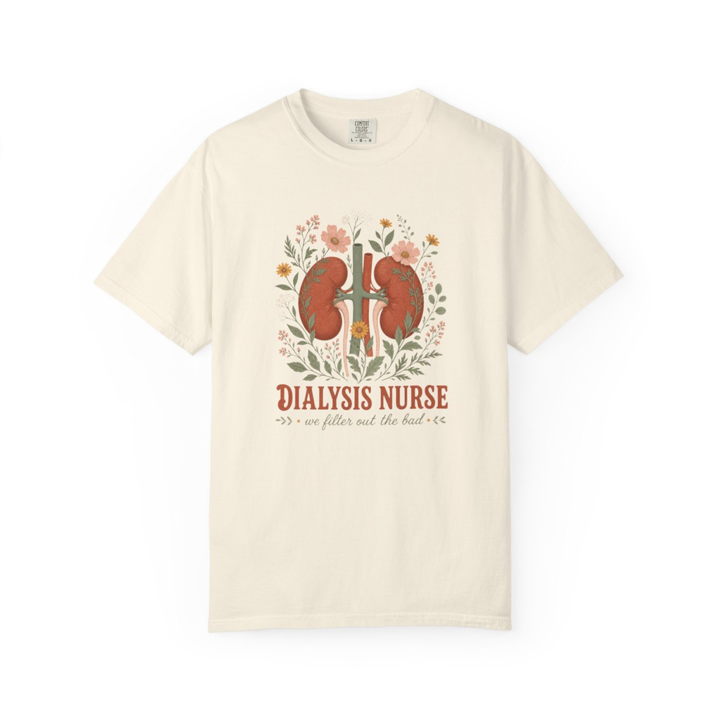 Ivory Dialysis Nurse floral kidney tee, accurate front mockup on white