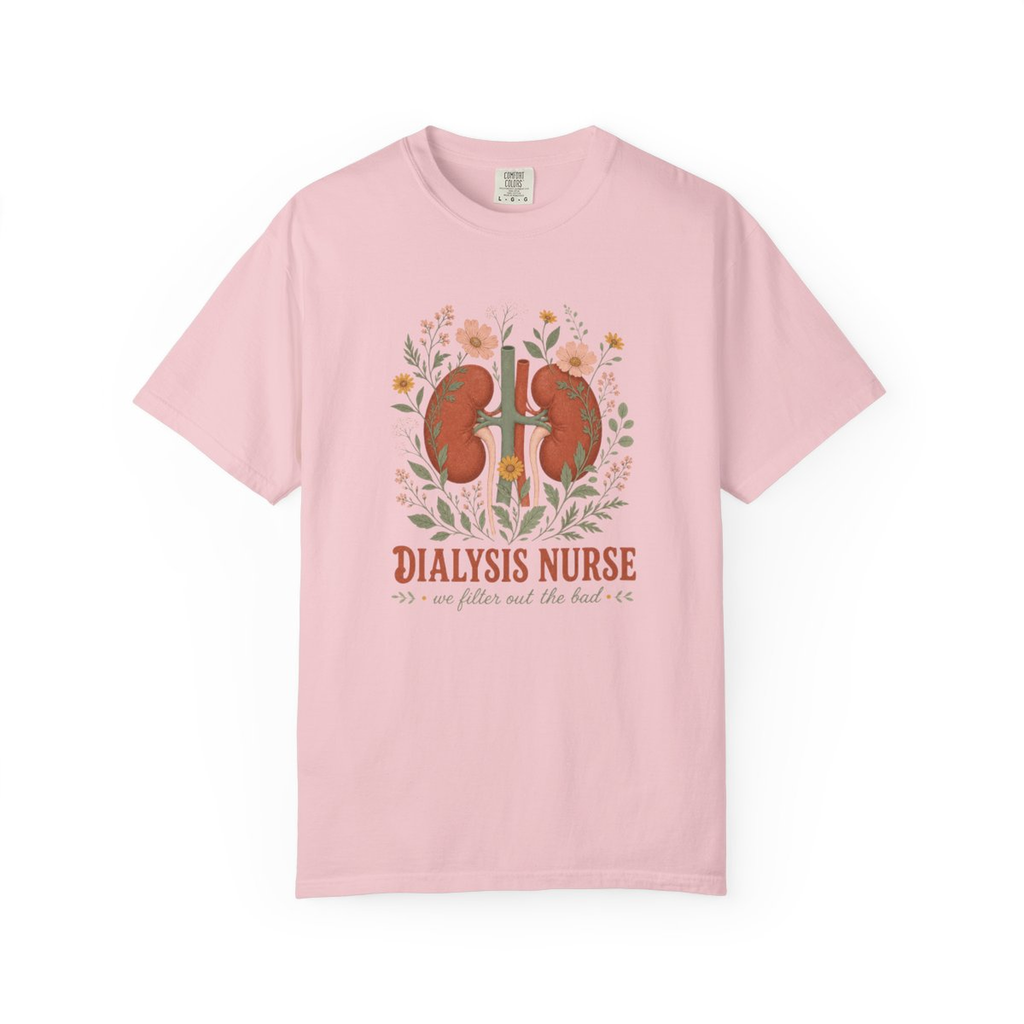 Blossom Dialysis Nurse floral kidney tee, accurate front mockup on white