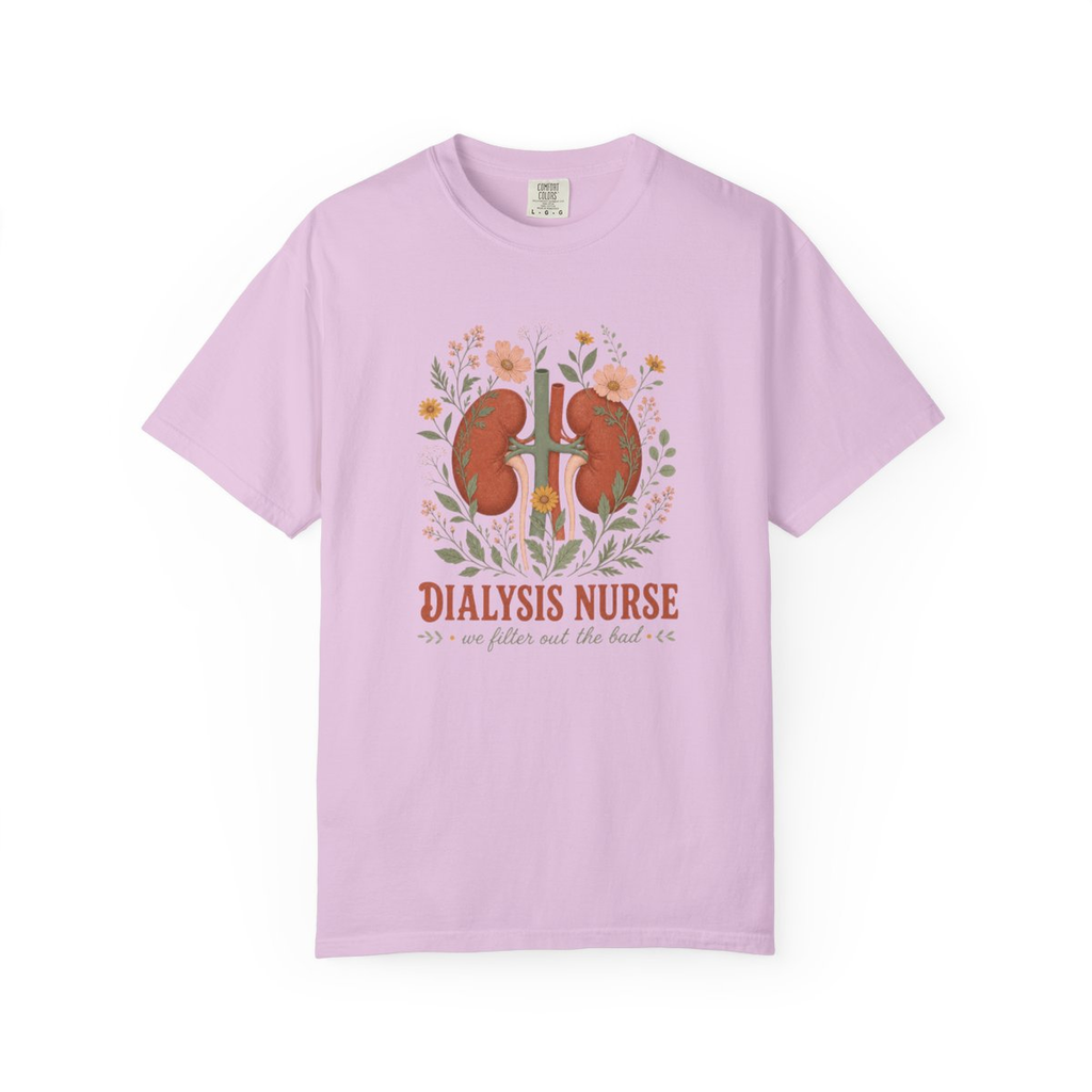 Orchid Dialysis Nurse floral kidney tee, accurate front mockup on white