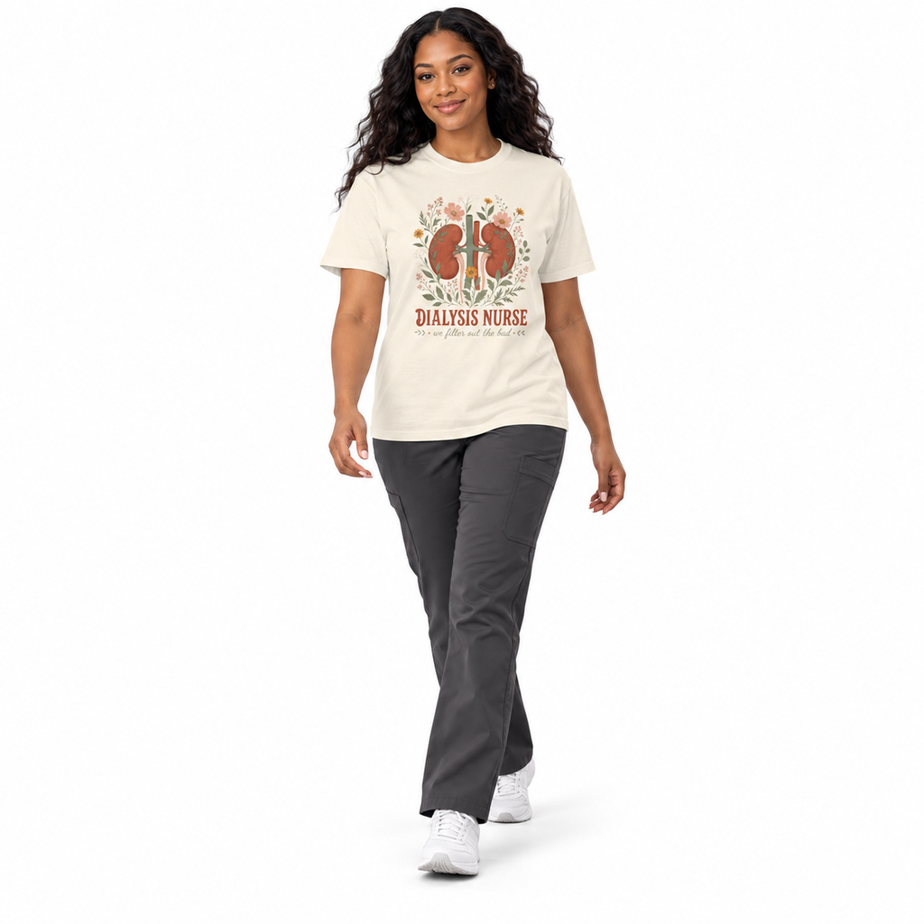 Nurse walking in an Ivory Dialysis Nurse Comfort Colors tee with charcoal scrub pants on white