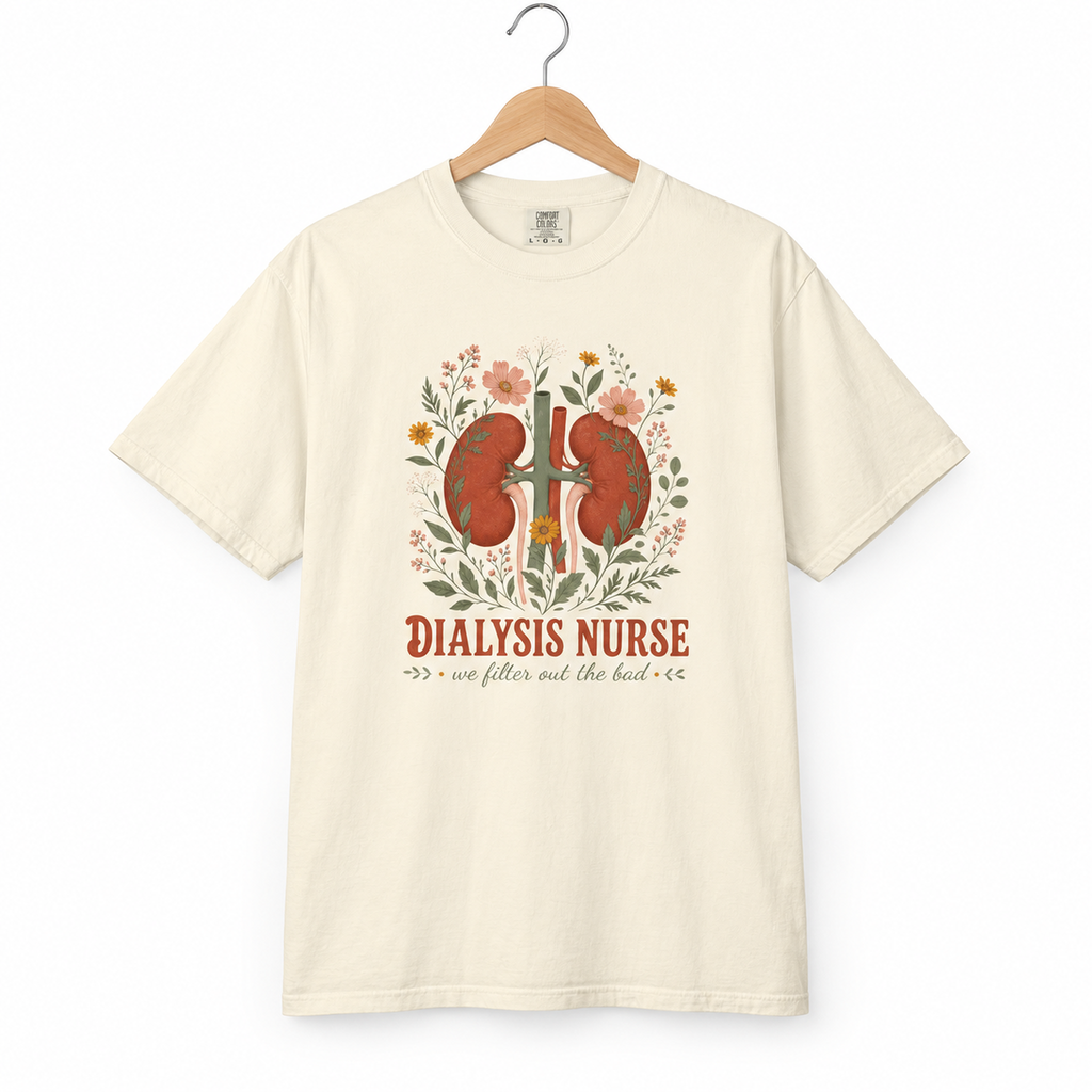 Ivory Dialysis Nurse floral kidney tee on a hanger against white