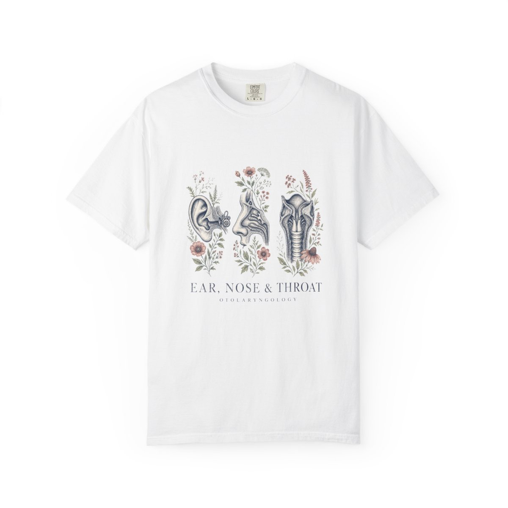 White Ear Nose and Throat floral ENT tee, accurate front mockup on white