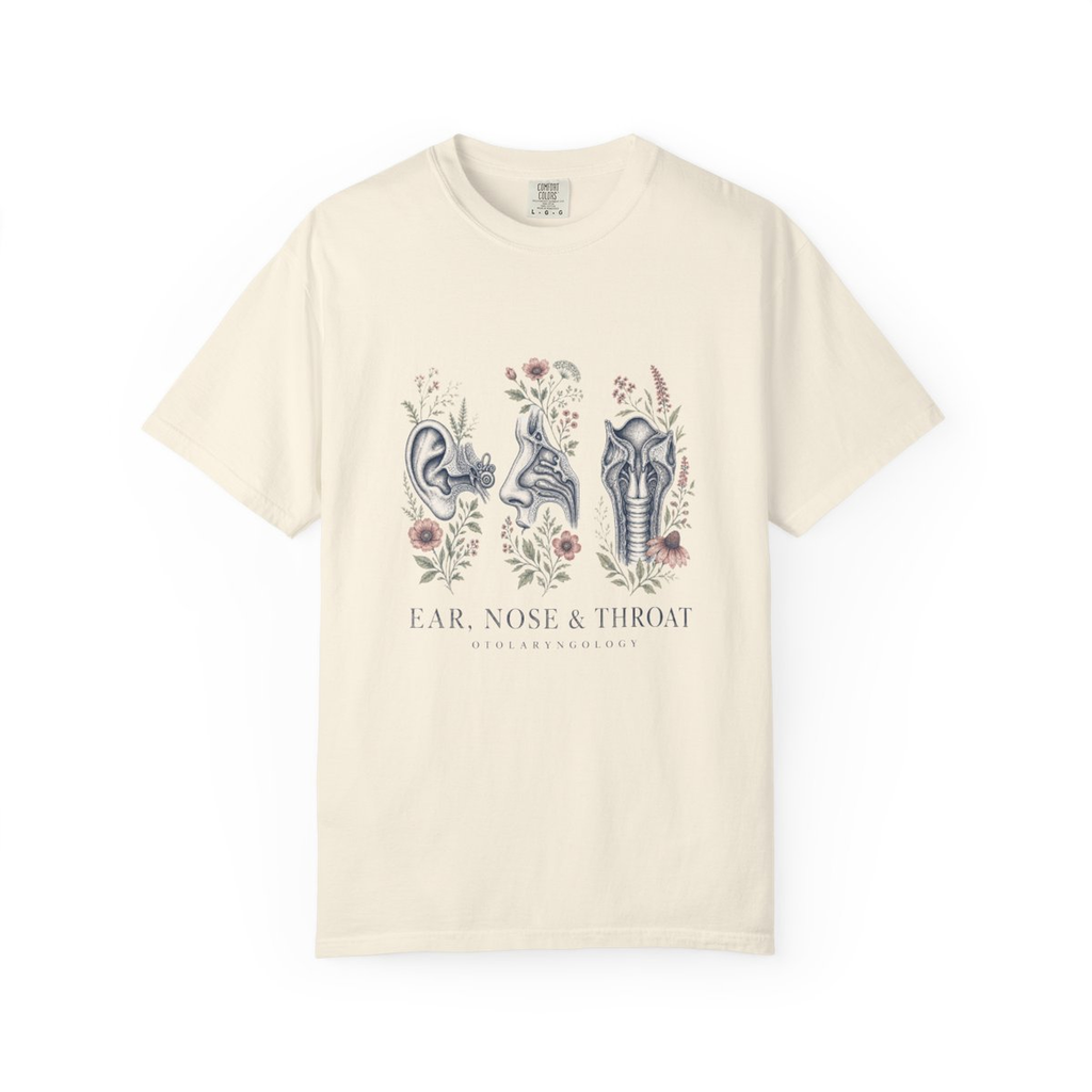Ivory Ear Nose and Throat floral ENT tee, accurate front mockup on white