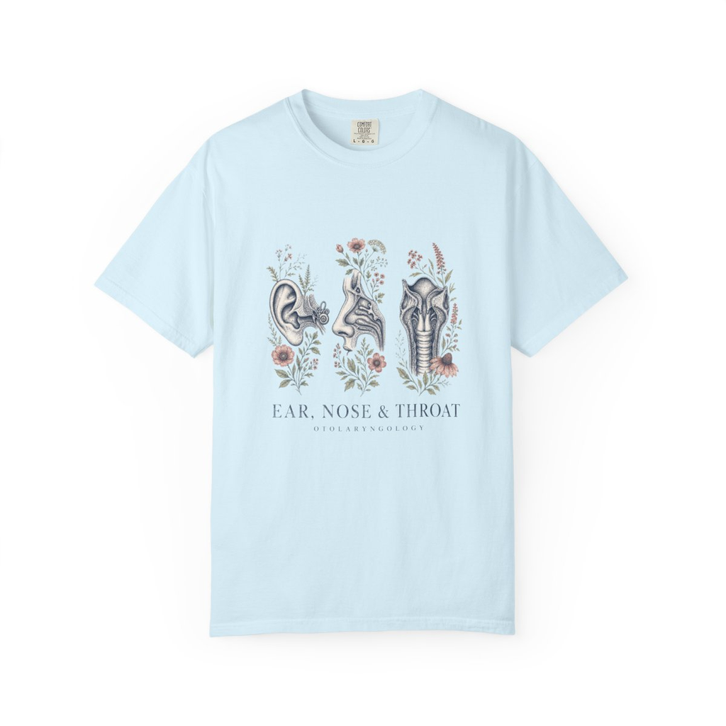 Chambray Ear Nose and Throat floral ENT tee, accurate front mockup on white