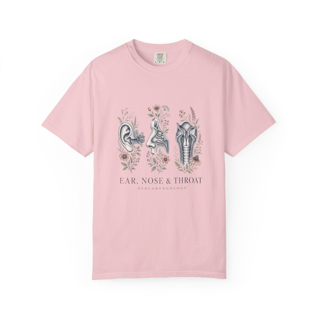 Blossom Ear Nose and Throat floral ENT tee, accurate front mockup on white