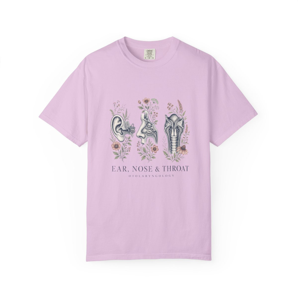 Orchid Ear Nose and Throat floral ENT tee, accurate front mockup on white
