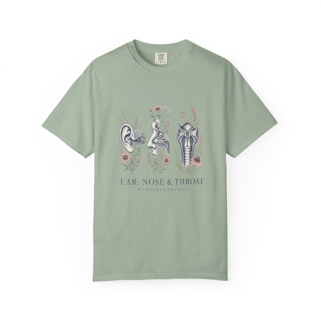 Bay Ear Nose and Throat floral ENT tee, accurate front mockup on white