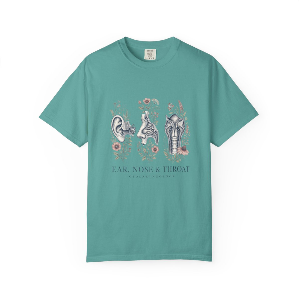 Seafoam Ear Nose and Throat floral ENT tee, accurate front mockup on white