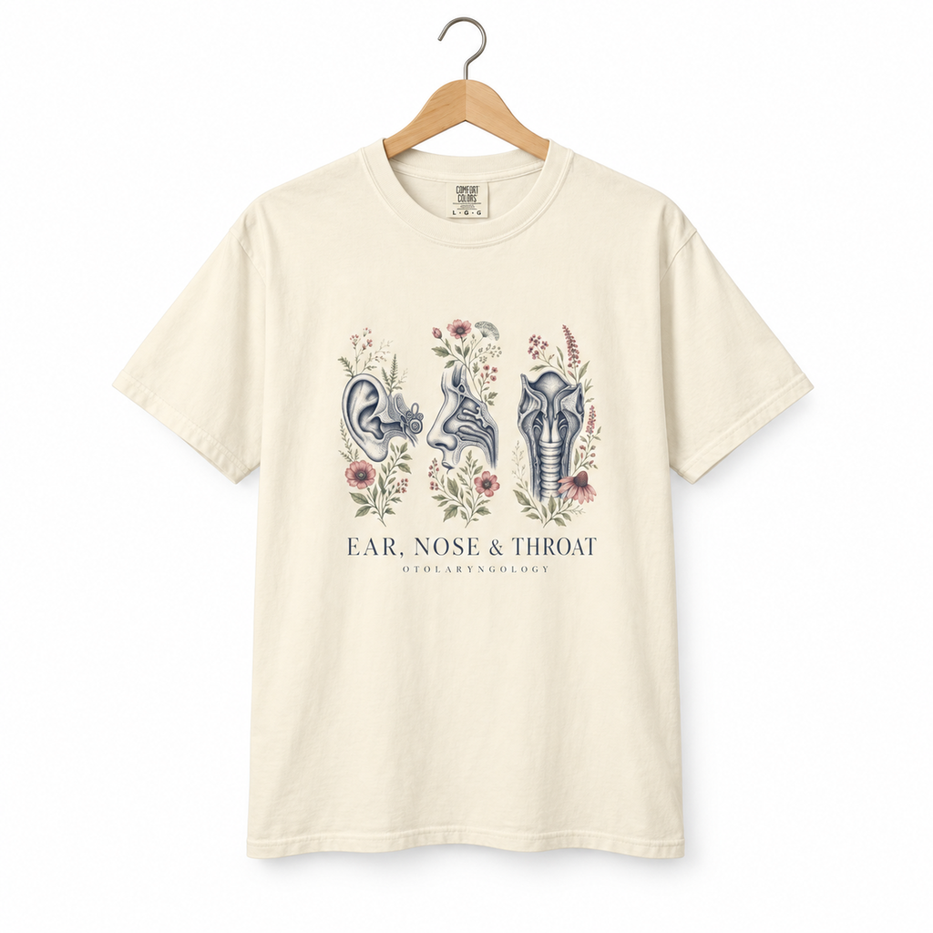 Ivory Ear Nose and Throat floral tee on a hanger against white