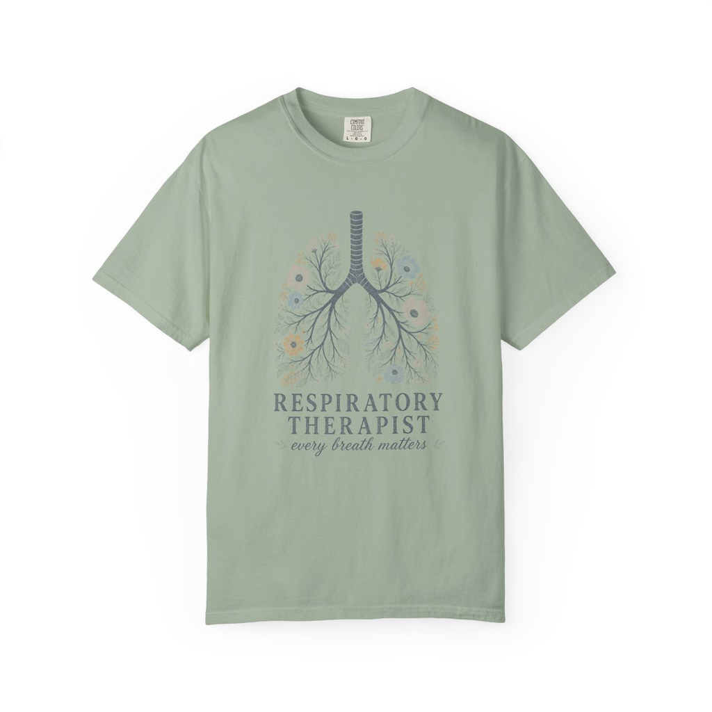 Bay Respiratory Therapist Every Breath Matters tee, accurate front mockup on white
