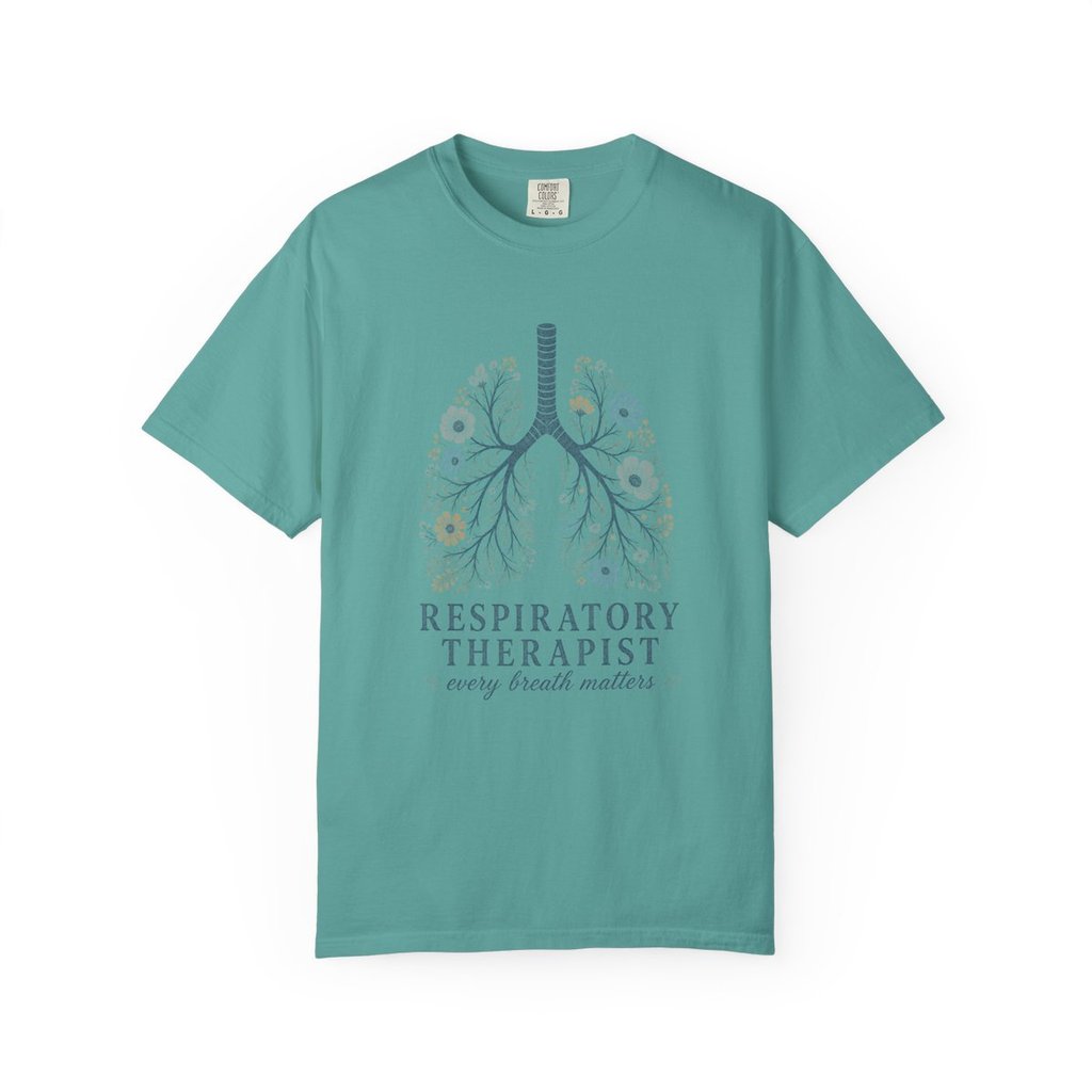 Seafoam Respiratory Therapist Every Breath Matters tee, accurate front mockup on white