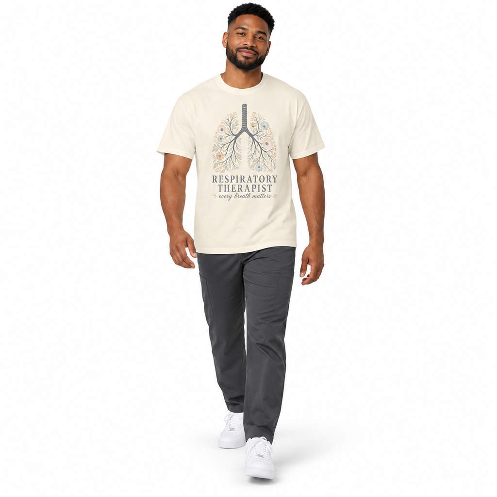 Respiratory therapist walking in an Ivory Every Breath Matters tee with scrub pants on white