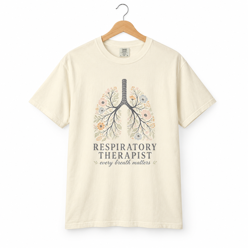 Ivory Respiratory Therapist floral lung tee on a hanger against white