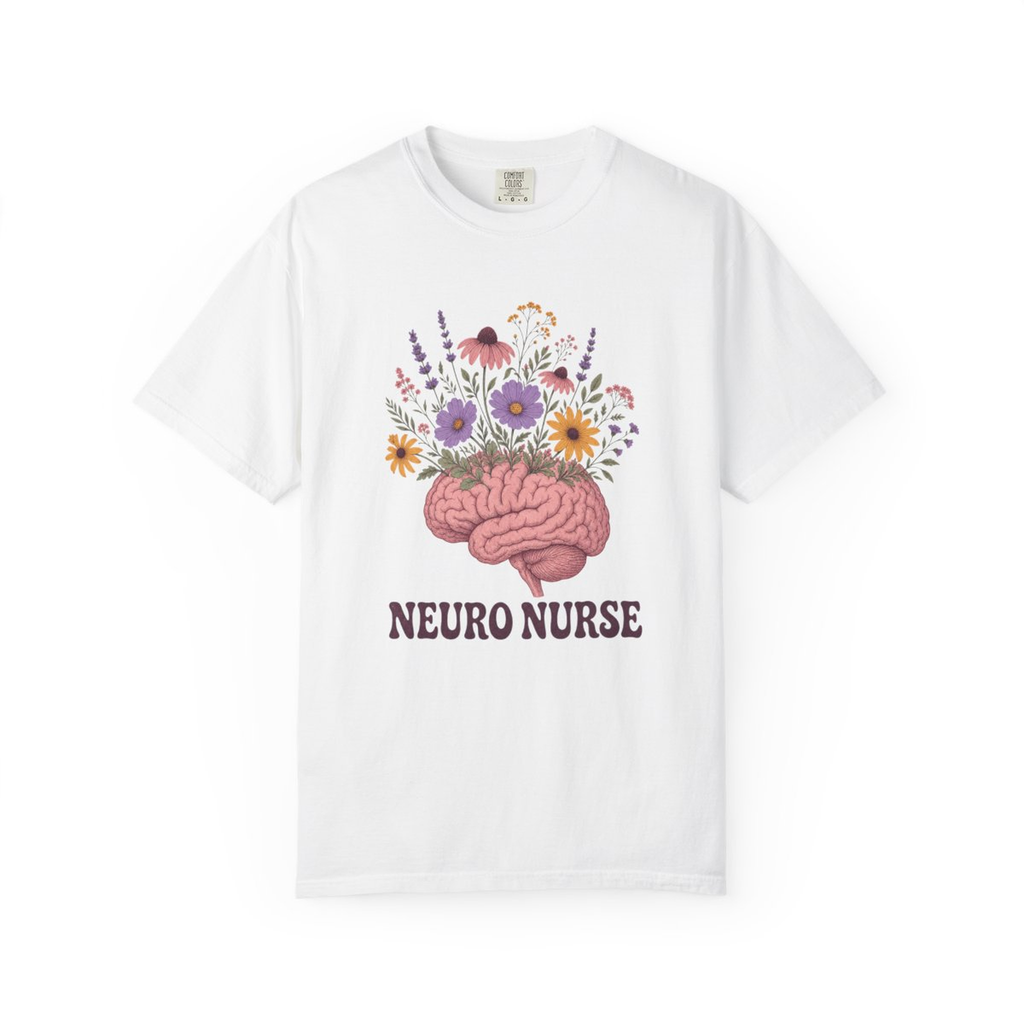 White Neuro Nurse floral brain tee, accurate front mockup on white