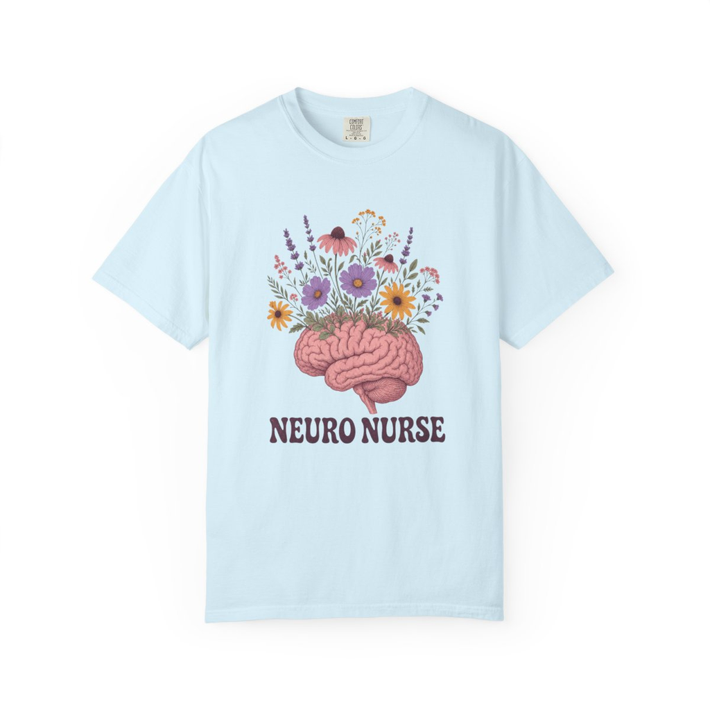 Chambray Neuro Nurse floral brain tee, accurate front mockup on white
