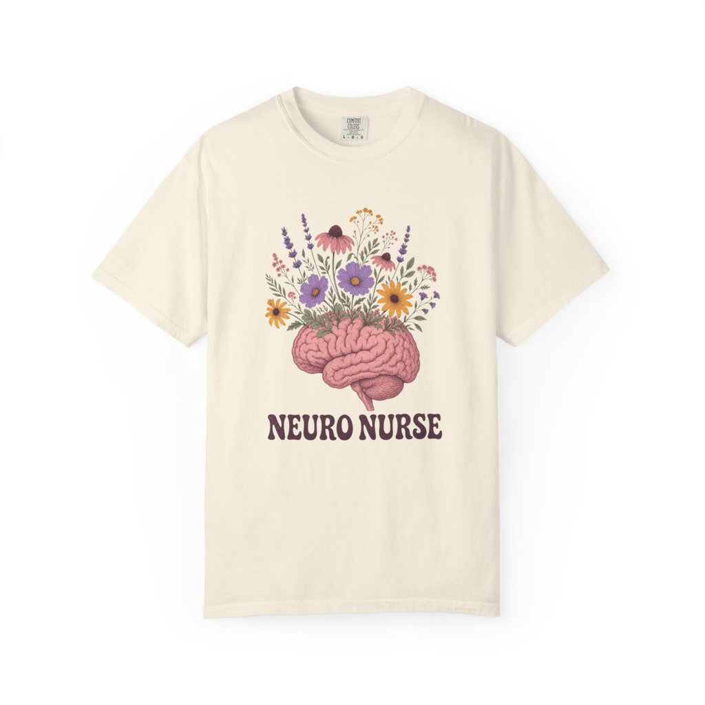 Ivory Neuro Nurse floral brain tee, accurate front mockup on white