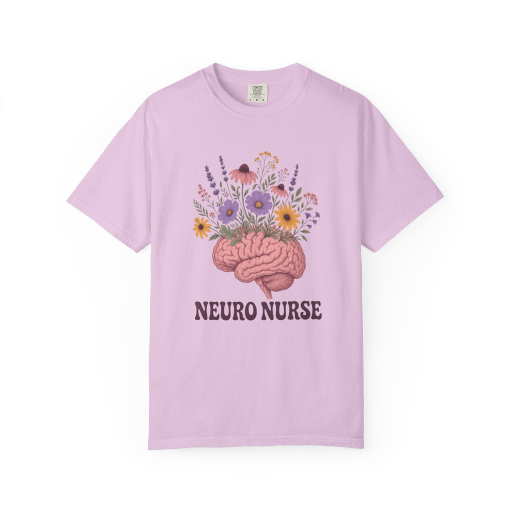 Orchid Neuro Nurse floral brain tee, accurate front mockup on white
