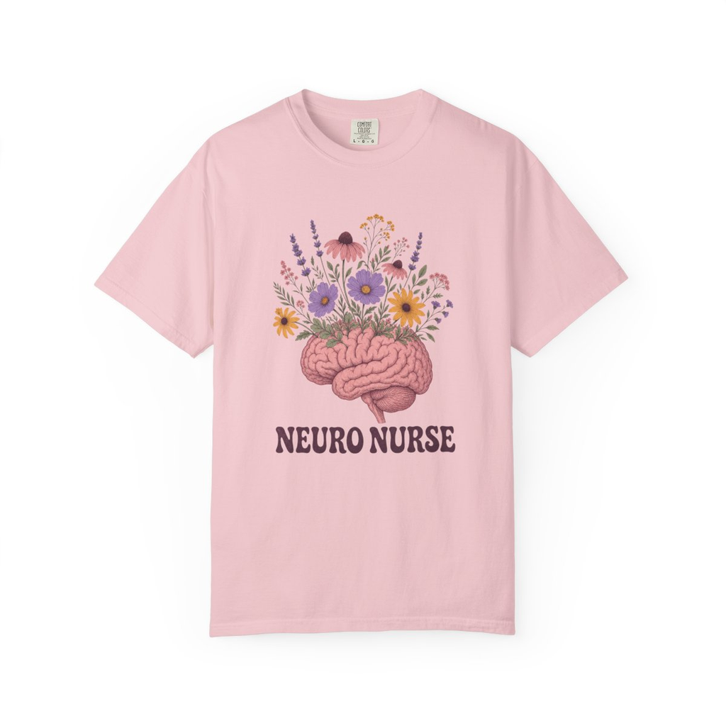 Blossom Neuro Nurse floral brain tee, accurate front mockup on white