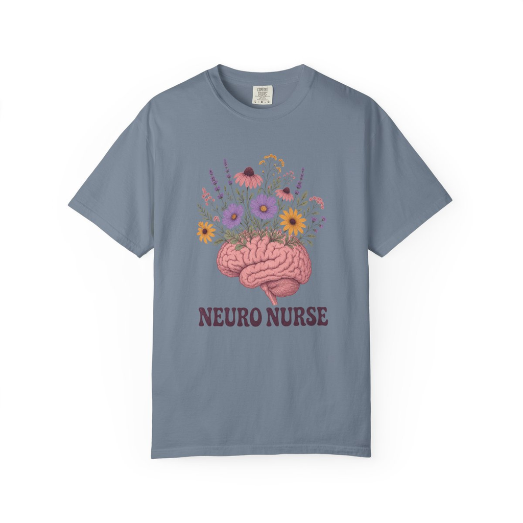 Blue Jean Neuro Nurse floral brain tee, accurate front mockup on white
