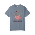 Blue Jean Neuro Nurse floral brain tee, accurate front mockup on white