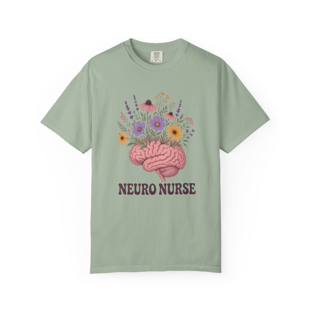 Bay Neuro Nurse floral brain tee, accurate front mockup on white