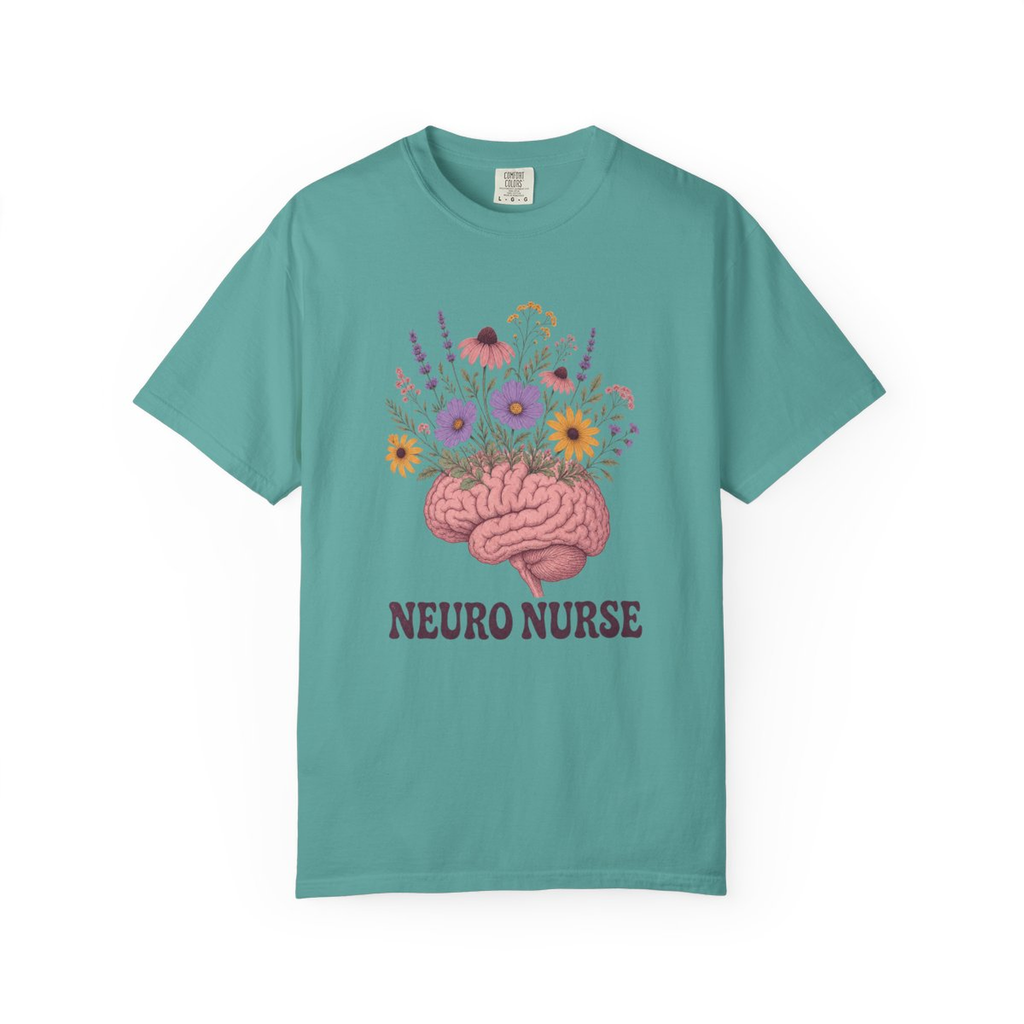 Seafoam Neuro Nurse floral brain tee, accurate front mockup on white