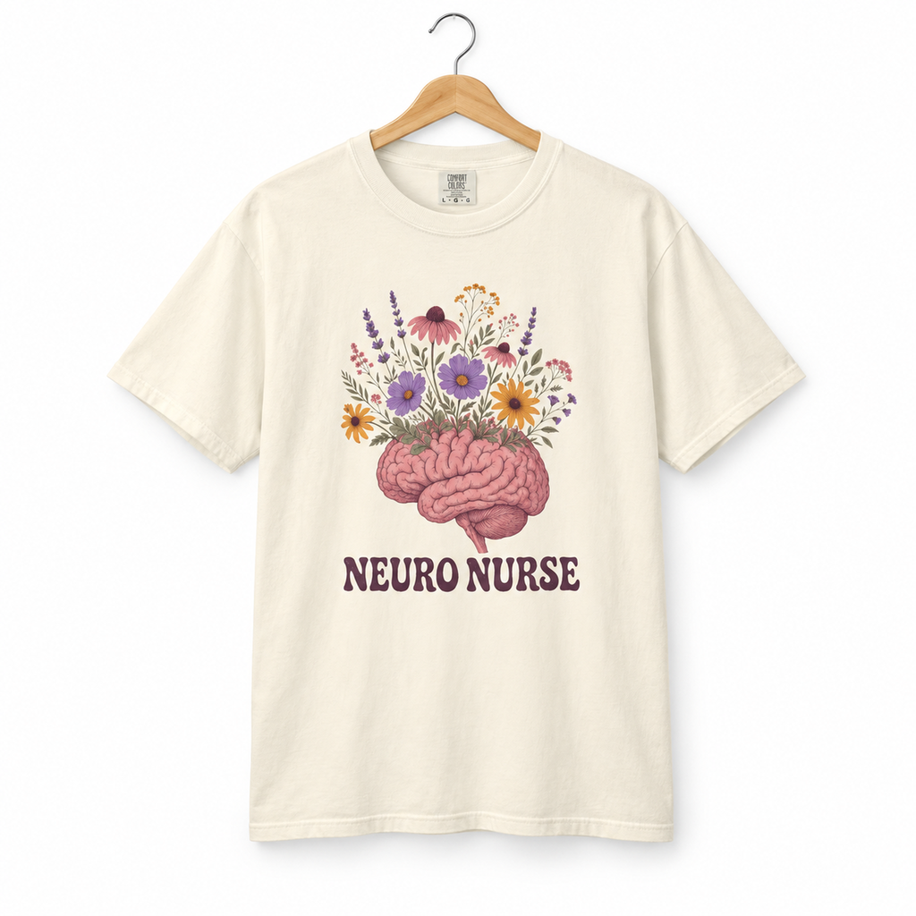 Ivory Neuro Nurse floral brain tee on a hanger against white