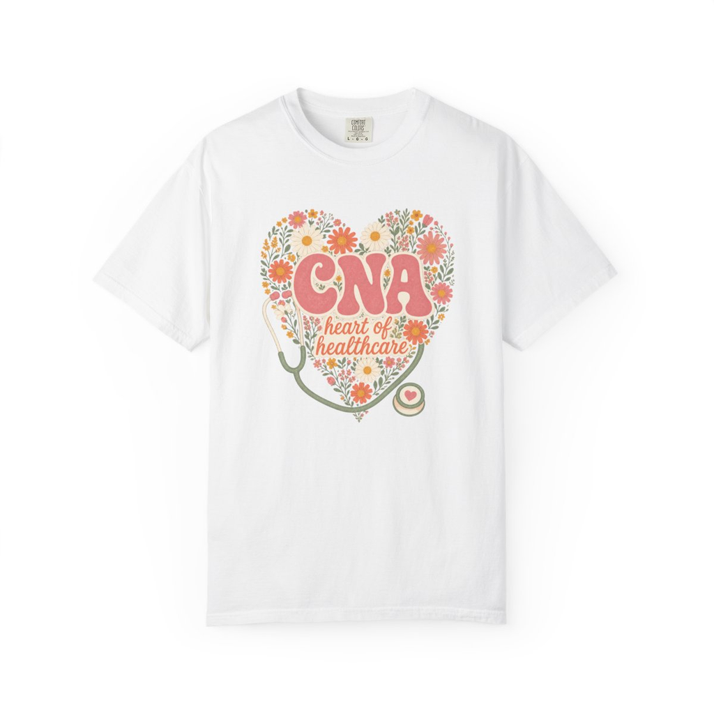 White CNA Heart of Healthcare tee, accurate front mockup on white