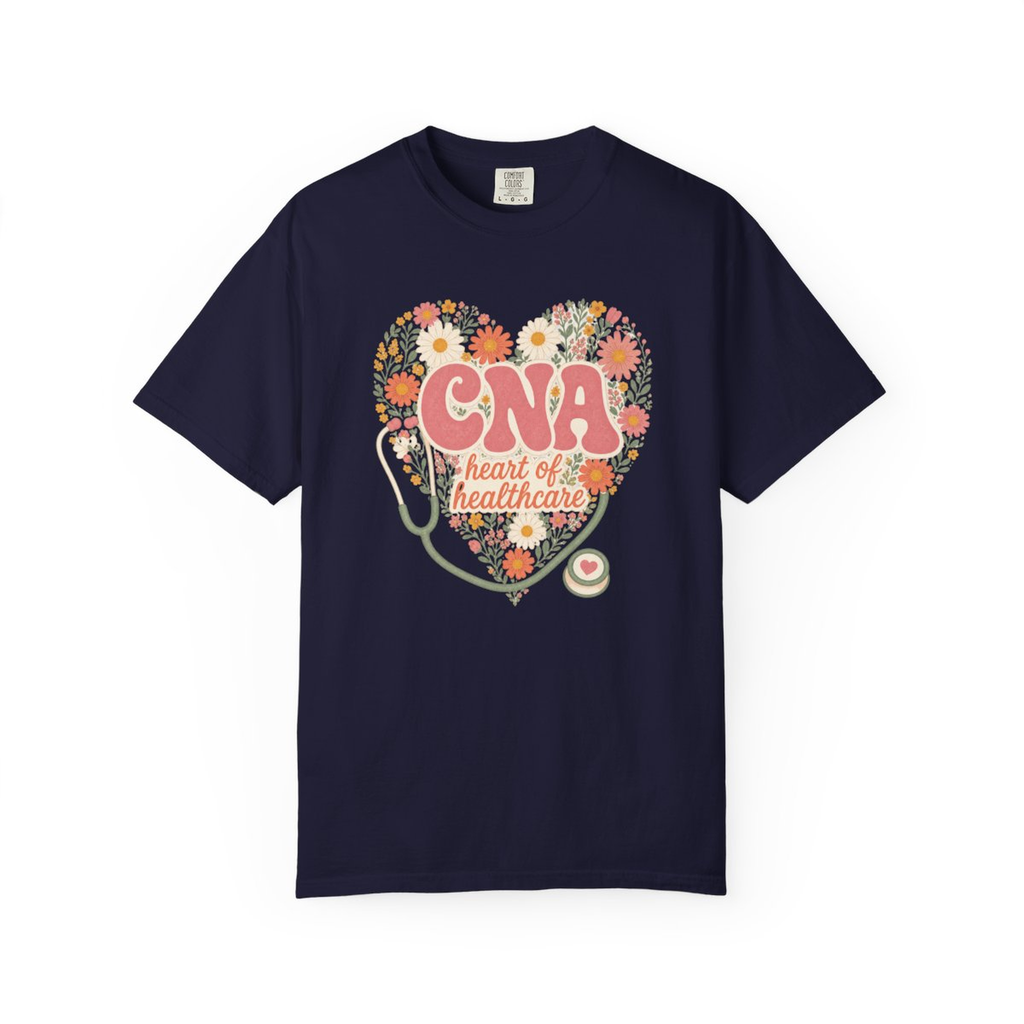 True Navy CNA Heart of Healthcare tee, accurate front mockup on white