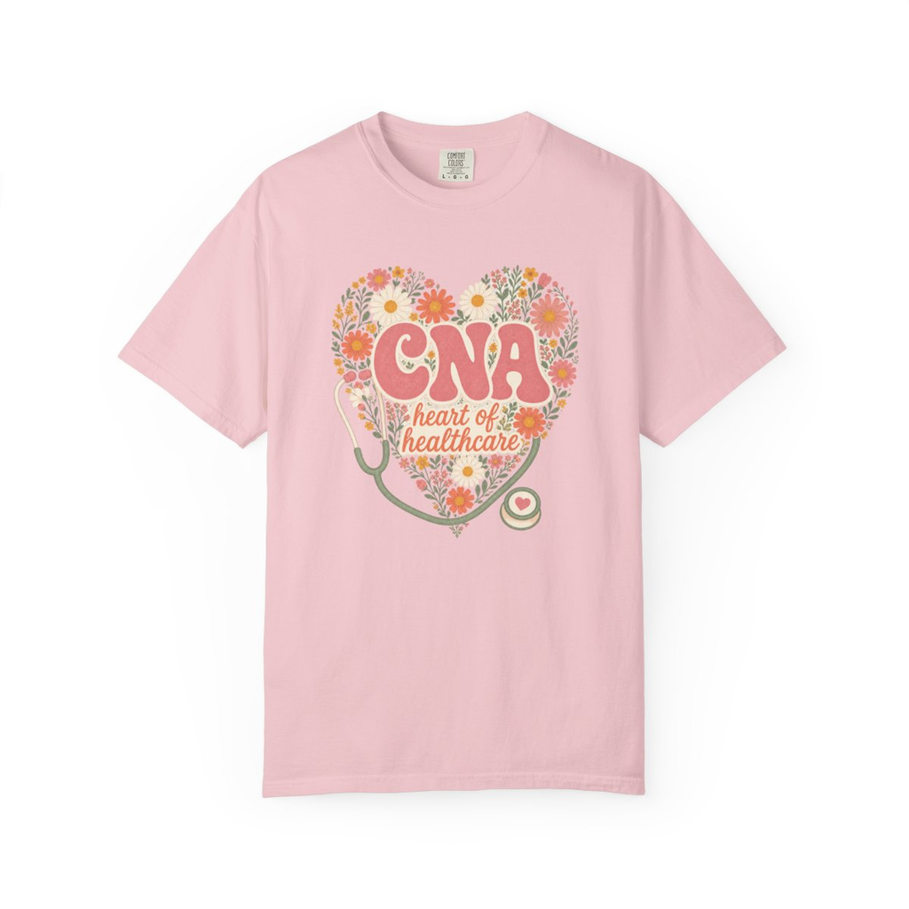 Blossom CNA Heart of Healthcare tee, accurate front mockup on white