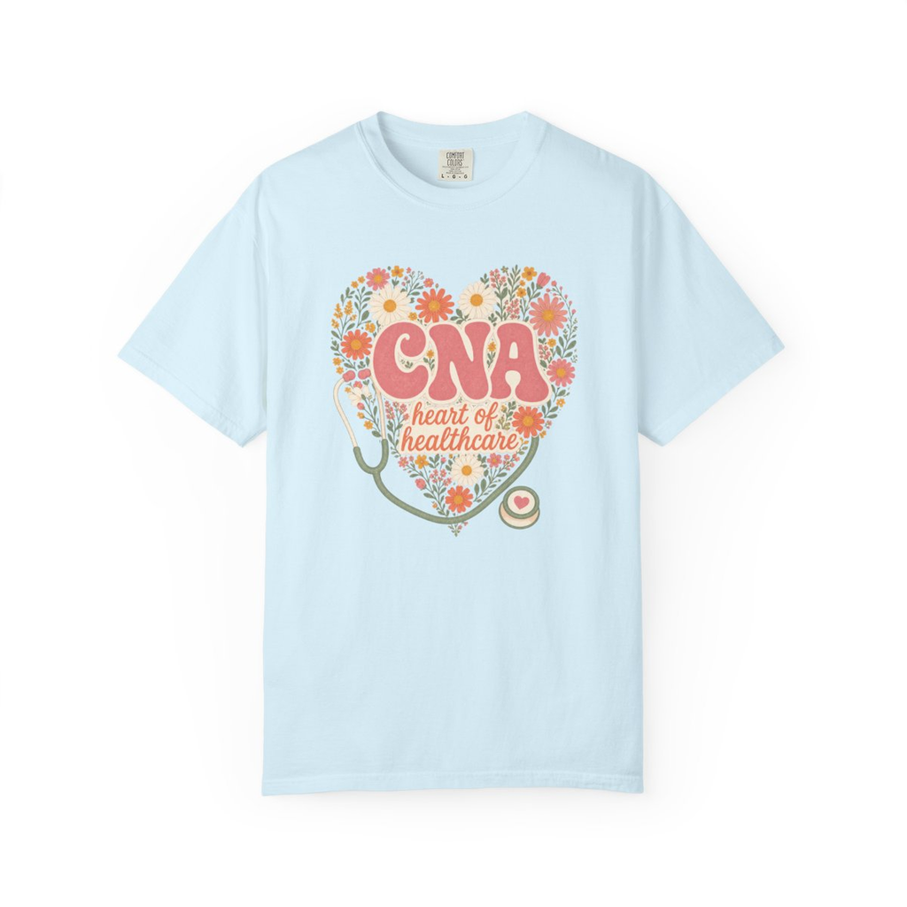 Chambray CNA Heart of Healthcare tee, accurate front mockup on white