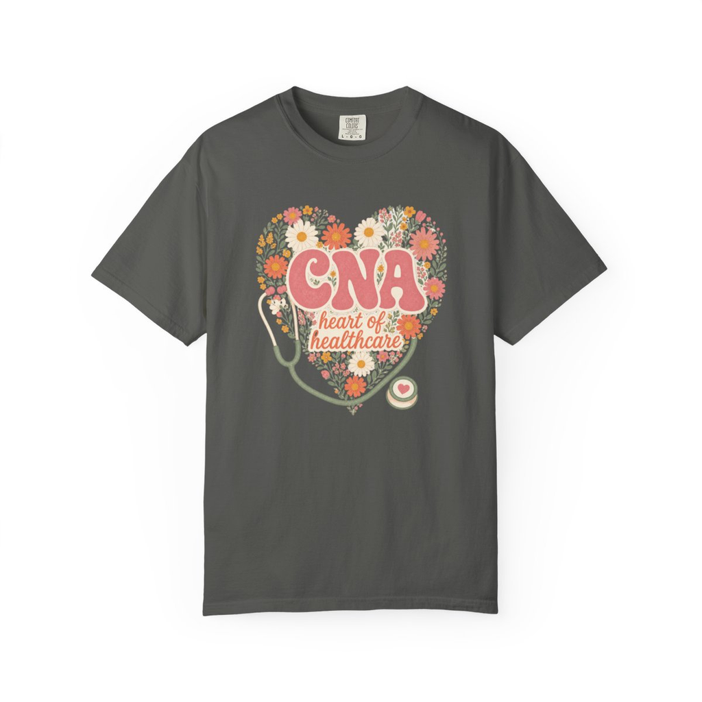 Pepper CNA Heart of Healthcare tee, accurate front mockup on white