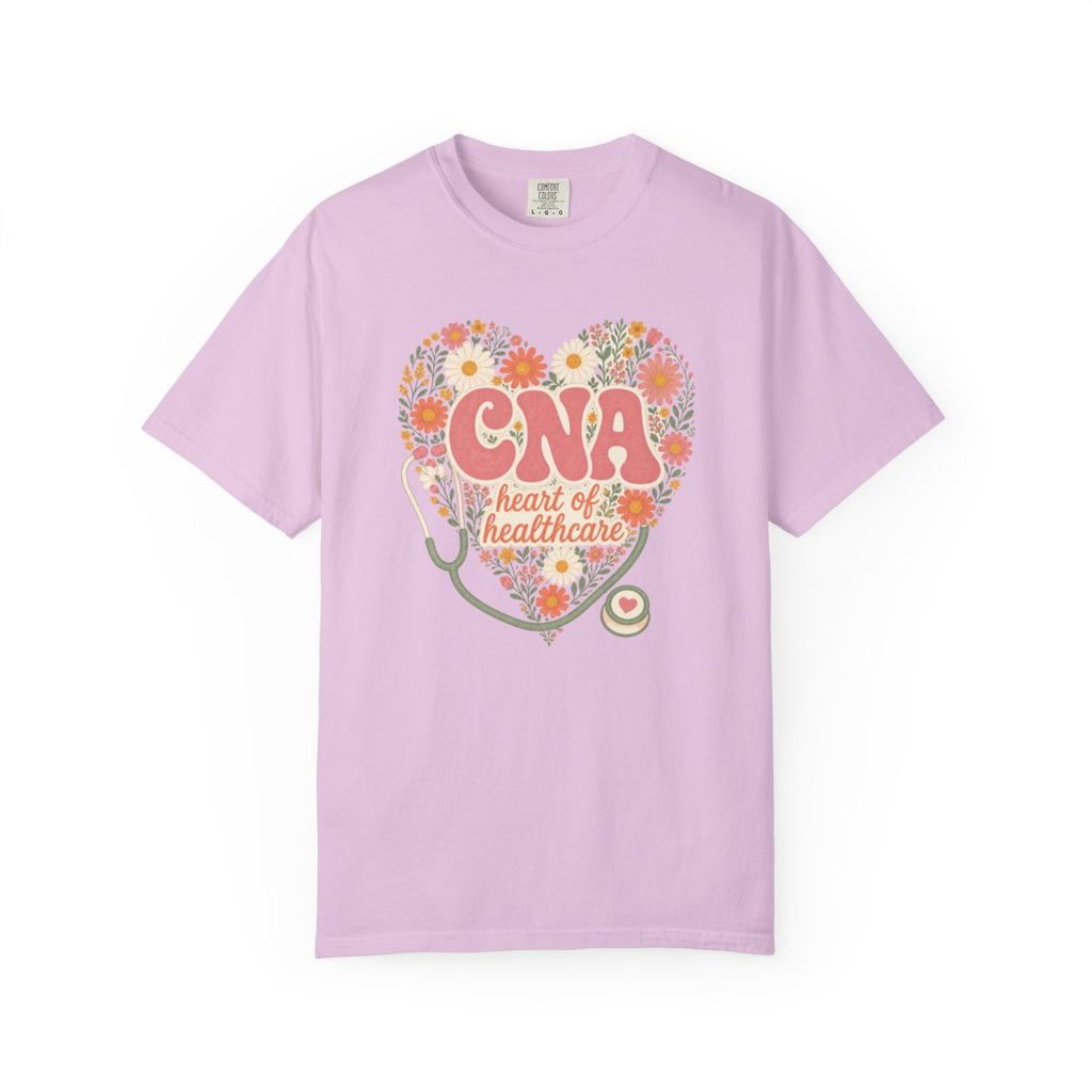 Orchid CNA Heart of Healthcare tee, accurate front mockup on white