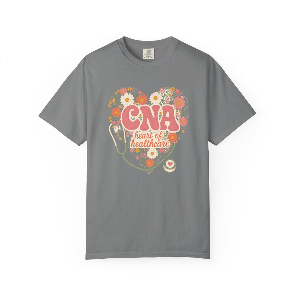 Grey CNA Heart of Healthcare tee, accurate front mockup on white