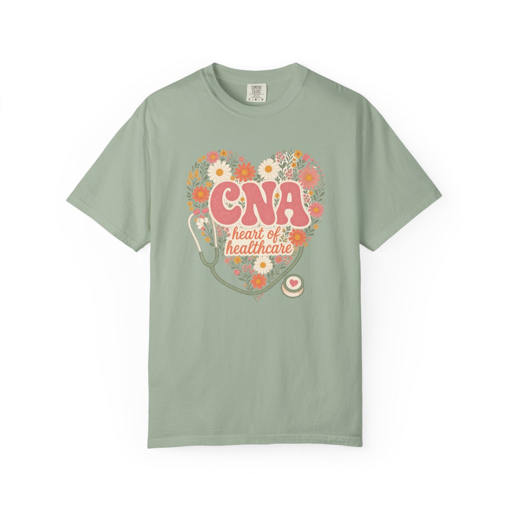 Bay CNA Heart of Healthcare tee, accurate front mockup on white