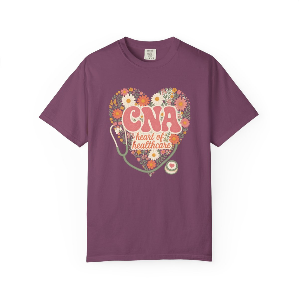 Berry CNA Heart of Healthcare tee, accurate front mockup on white