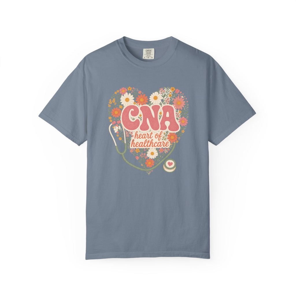 Blue Jean CNA Heart of Healthcare tee, accurate front mockup on white