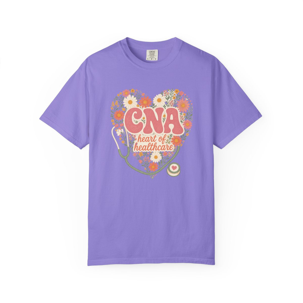 Violet CNA Heart of Healthcare tee, accurate front mockup on white