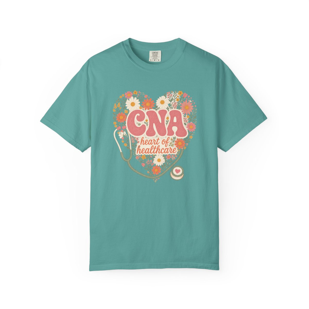 Seafoam CNA Heart of Healthcare tee, accurate front mockup on white